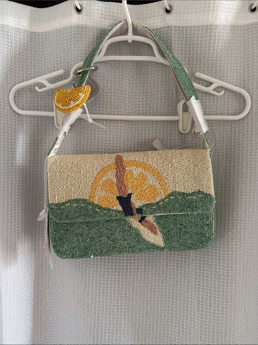 Beaded Green and Cream Shoulder Bag with Citrus Motif